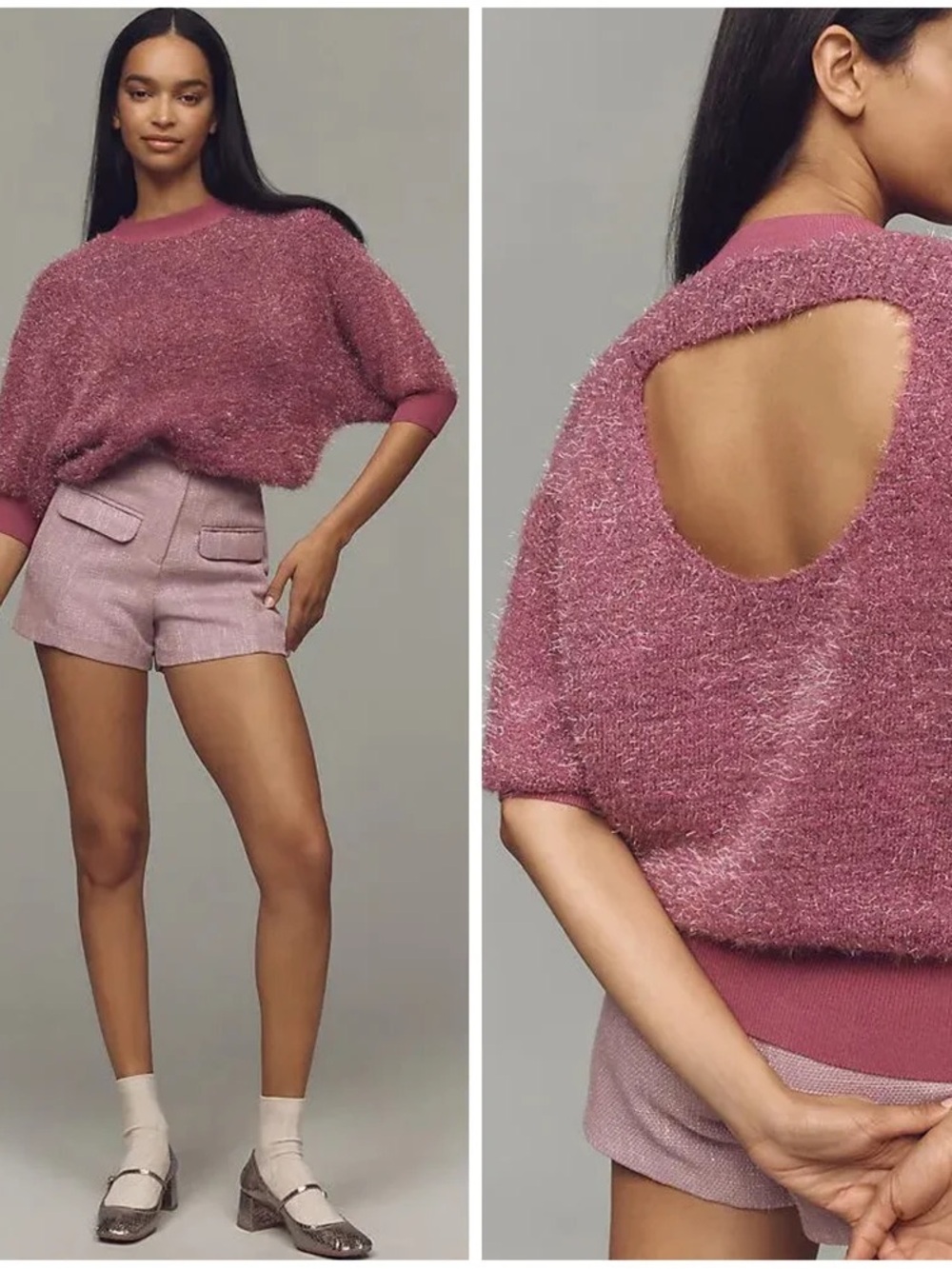 Maeve Anthropologie Tinsel Fuzzy Sparkle Sweater Magenta Pink Balloon Sleeve XL